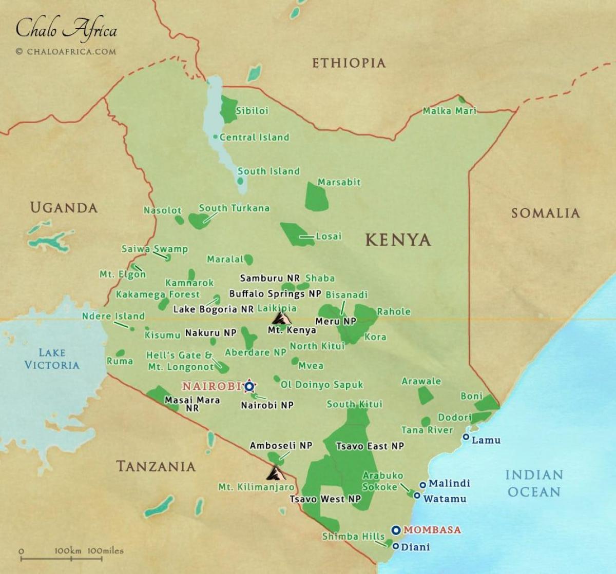χάρτης της Κένυας εθνικά πάρκα και καταφύγια