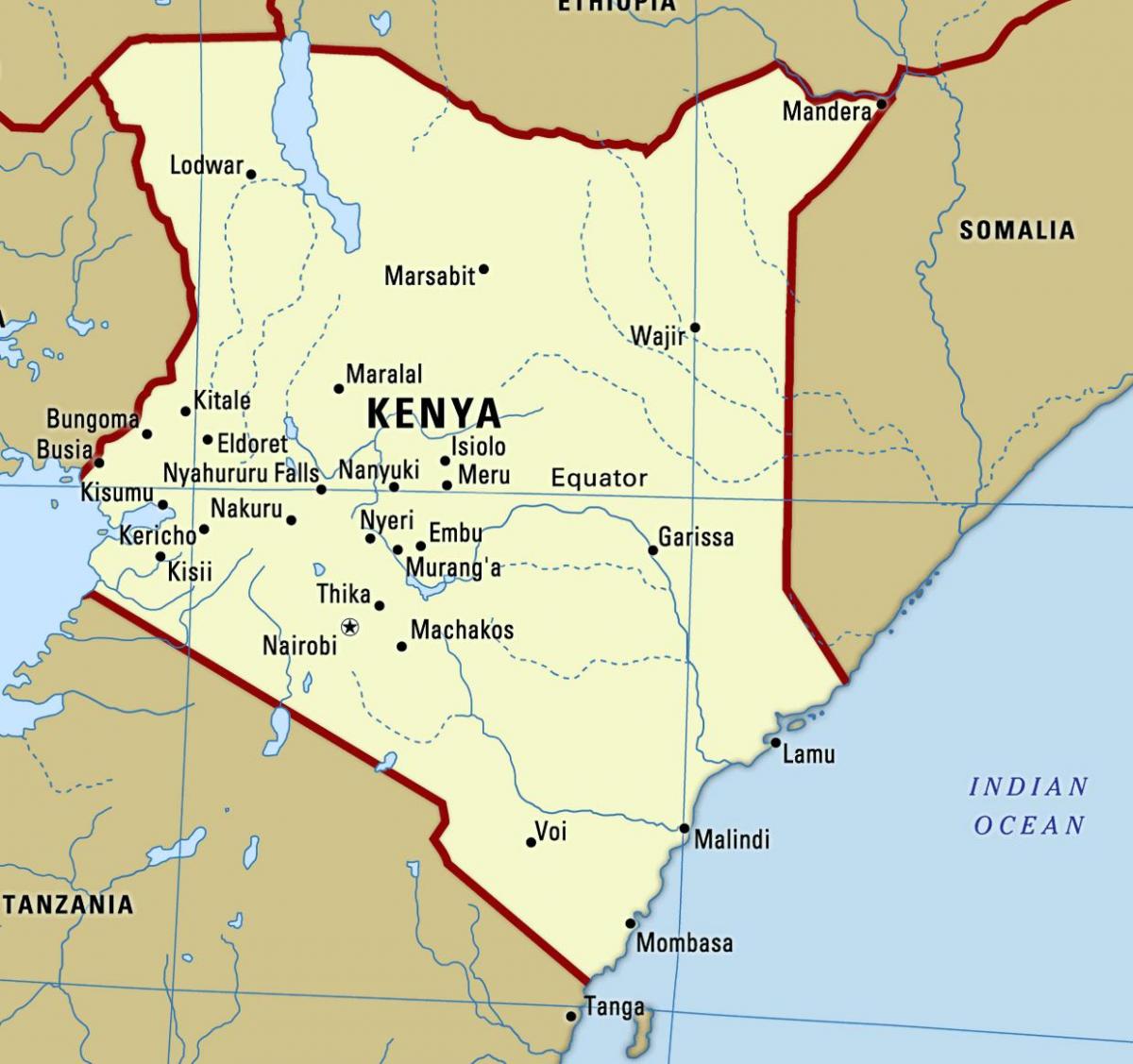 χάρτης με τις πόλεις της Κένυας